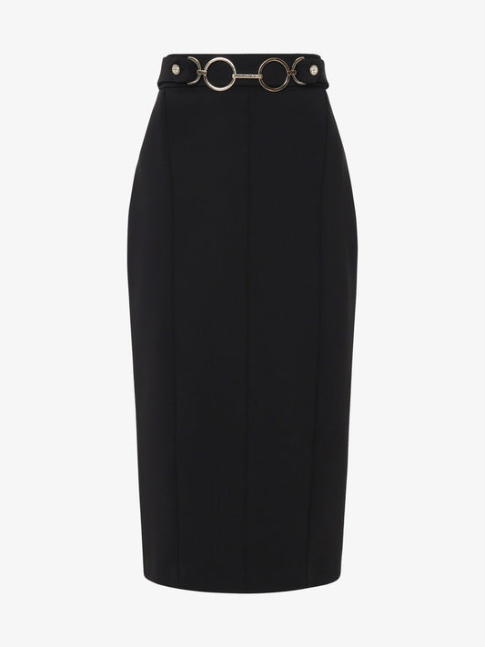 Neoprene midi skirt with metal accessory at the waist