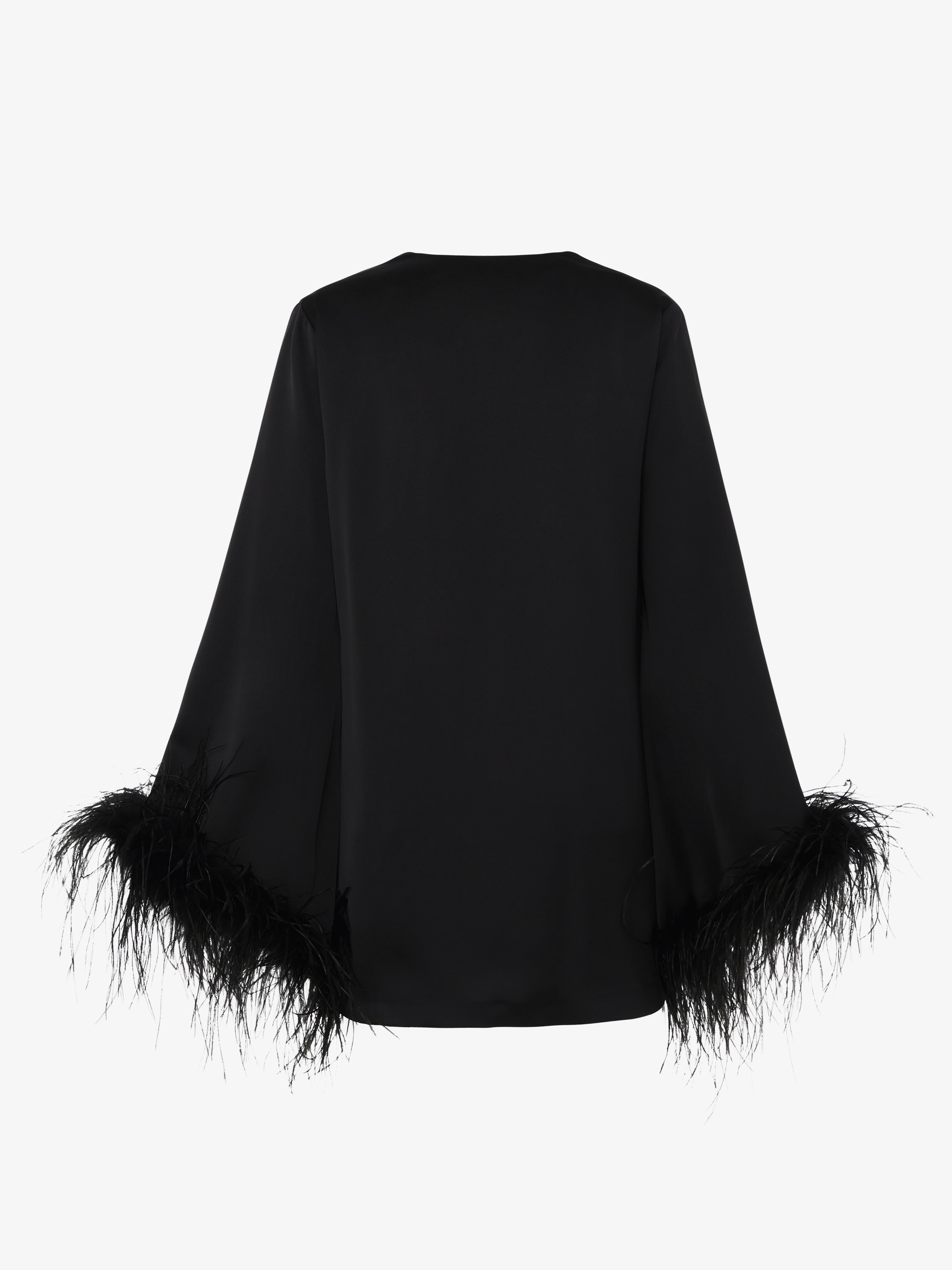 Blusa in satin scollo profondo con ricamo e polsi piume