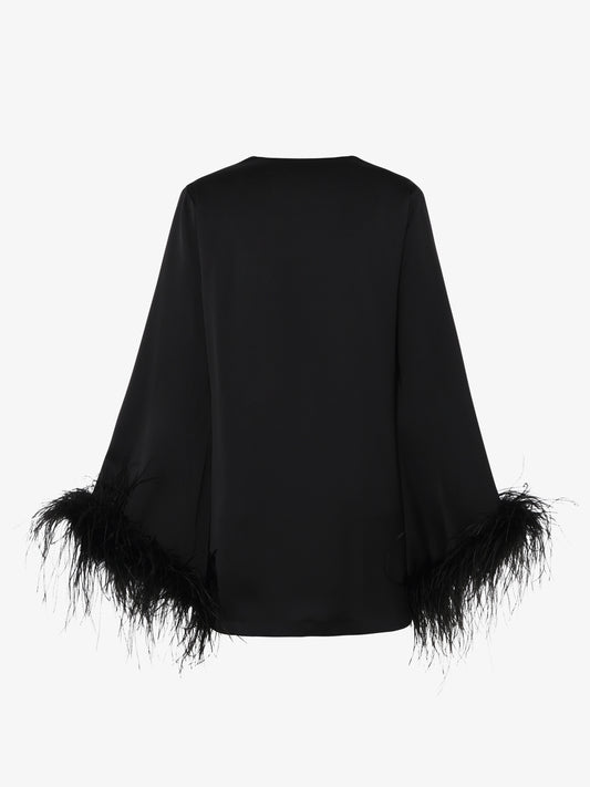 Blusa in satin scollo profondo con ricamo e polsi piume