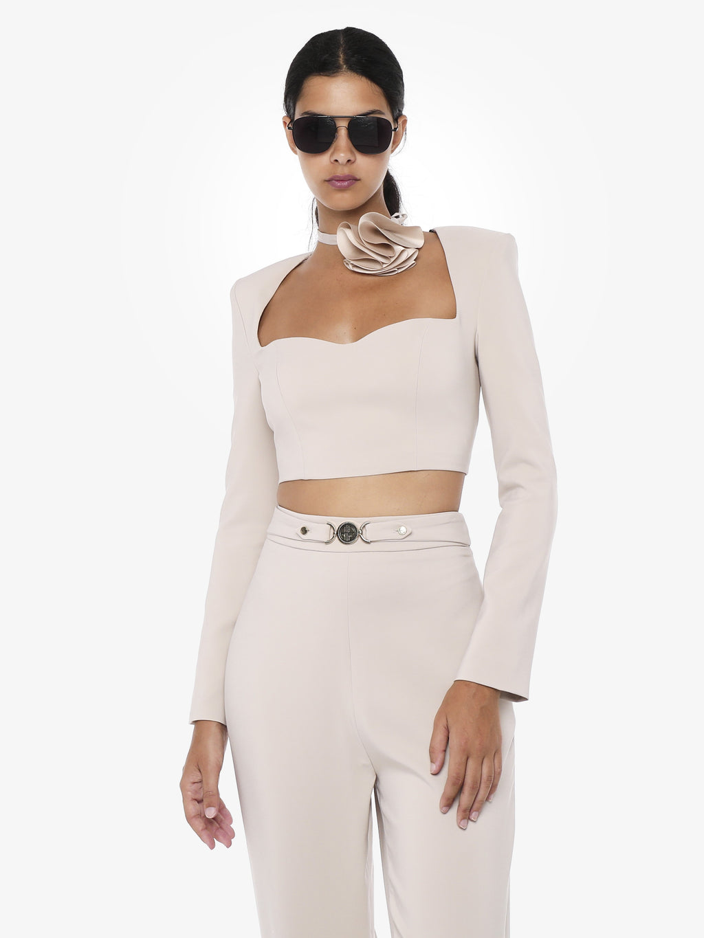 Long-sleeved crop top in technical fabric and flower choker