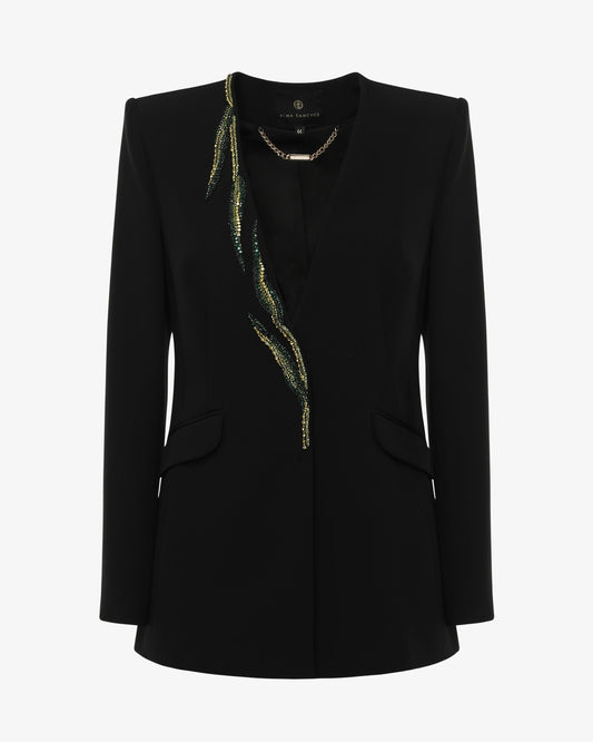 Single-breasted jacket in technical fabric and jewel decoration