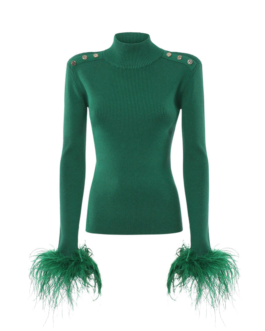 Maglia a collo alto con bottoni metallici e polsi piume