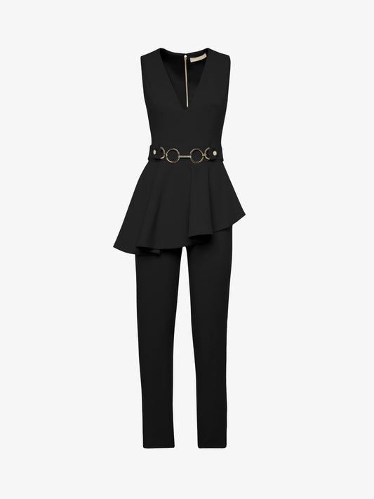 Elegant jumpsuit in technical fabric with ruffles and metallic decoration at the waist