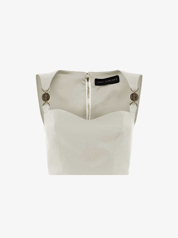 Short top in technical fabric with metal accessories on the shoulder straps