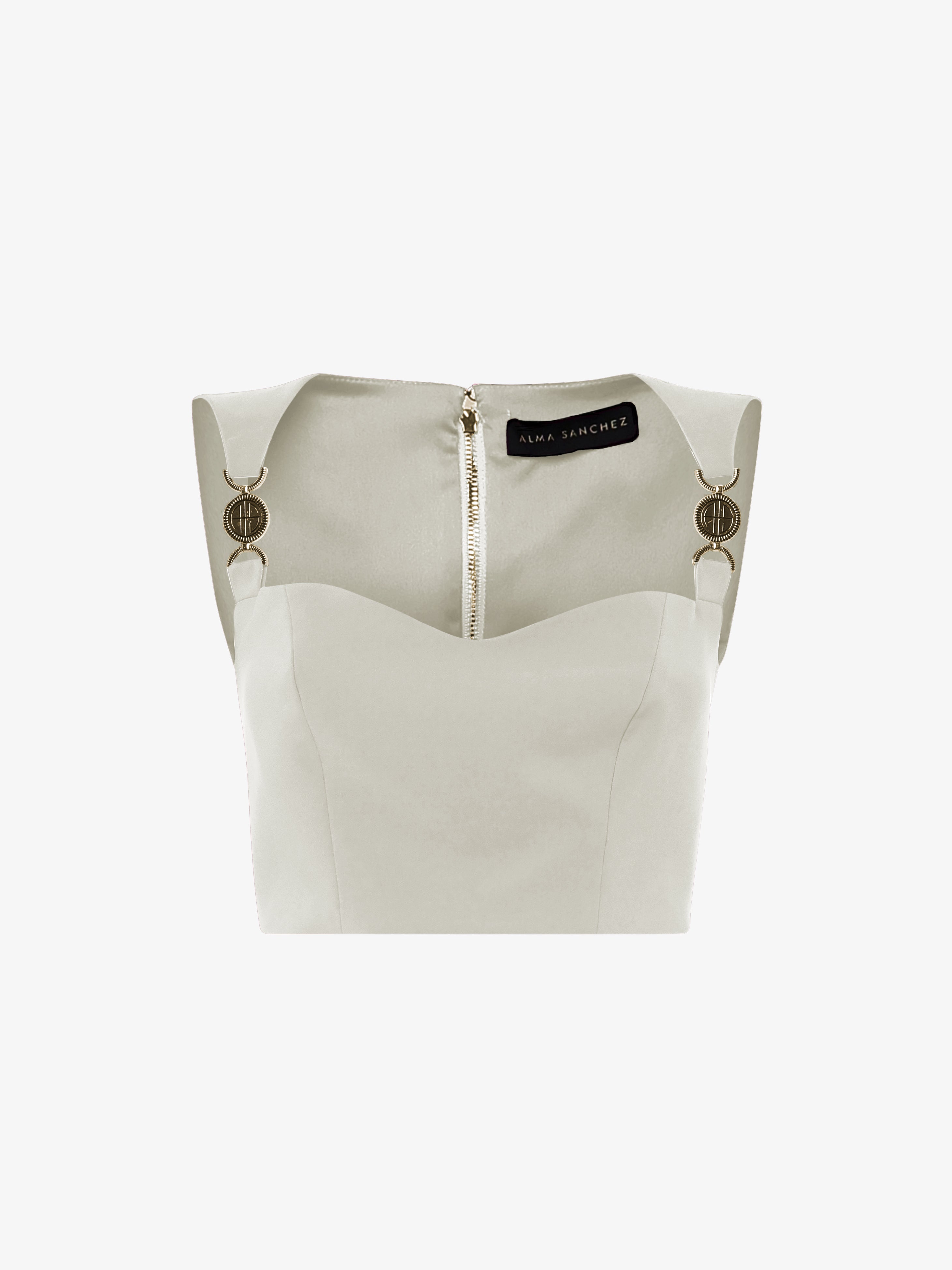 Top corto in tesstuto tecnico con accessori metallici spalline