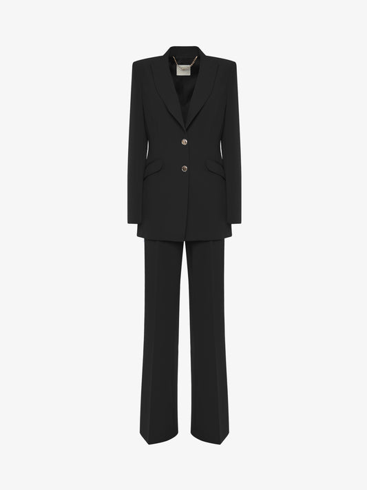 Single-breasted straight trouser suit in technical fabric with metal buttons