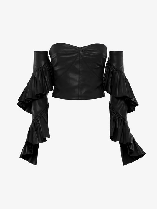 Top in ecopelle scollo a cuore e manicotti rouches plissettate