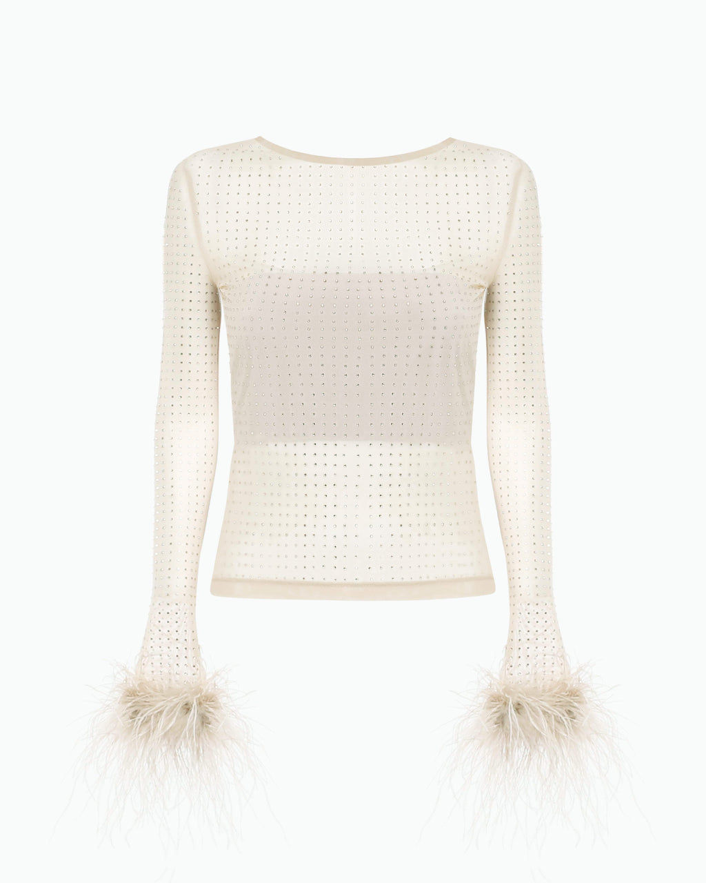 Top in rete e strass e polsi piume