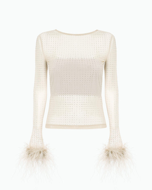 Top in rete e strass e polsi piume