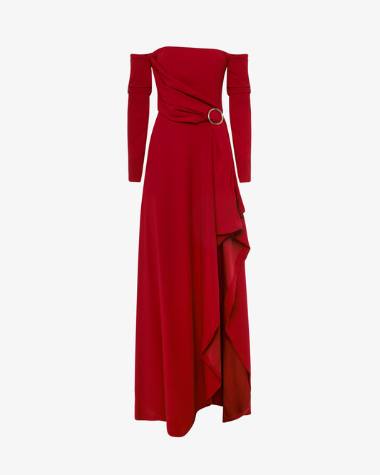 Abito lungo ed ampio décolleté in cady con cintura e fondo irregolare
