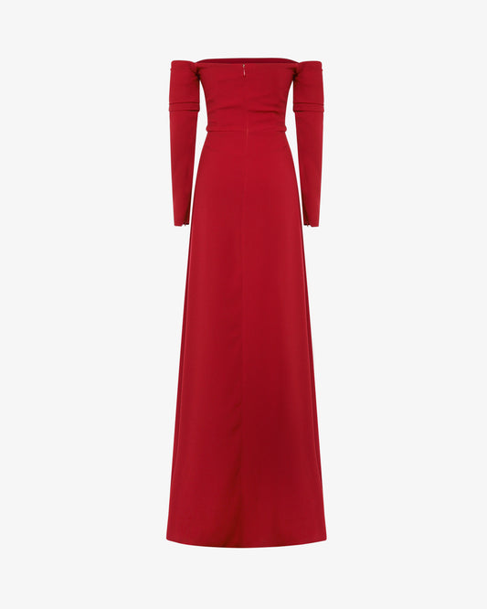 Abito lungo ed ampio décolleté in cady con cintura e fondo irregolare