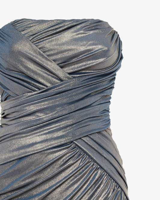 Abito midi dècolletè drappeggi in jersey laminato con fondo irregolare e stola