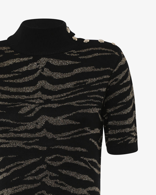 Maglia a collo alto mezza manica jacquard lurex con bottoni metallici