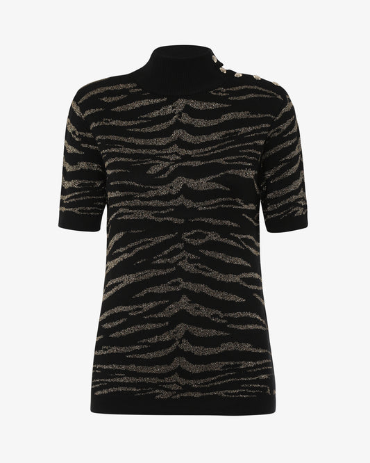Maglia a collo alto mezza manica jacquard lurex con bottoni metallici