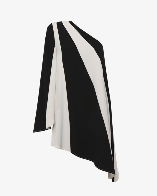 Mini abito monospalla in tessuto fluido a maniche lunghe doppio colore