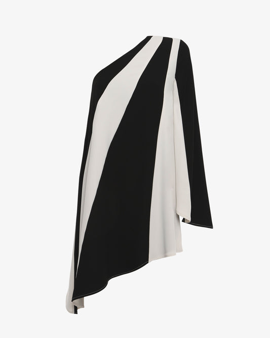 Mini abito monospalla in tessuto fluido a maniche lunghe doppio colore