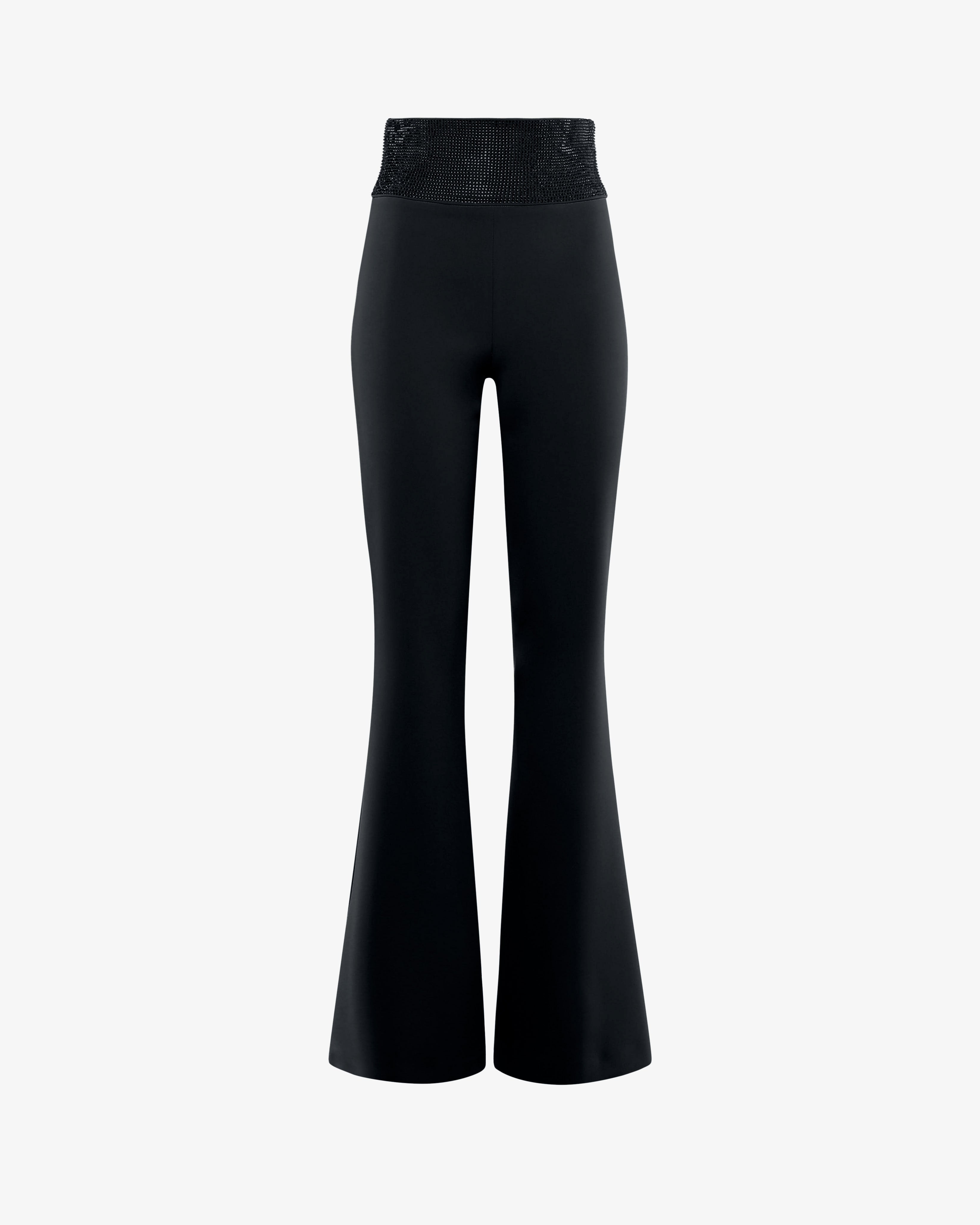 Pantaloni flare in tessuto tecnico crêpe con bustino alto in strass