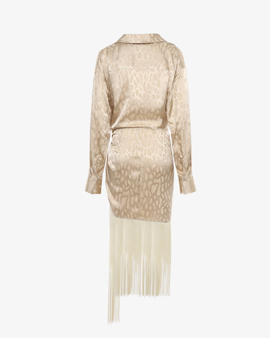 Abito chemisier midi in tessuto jacquard con frange sul fondo