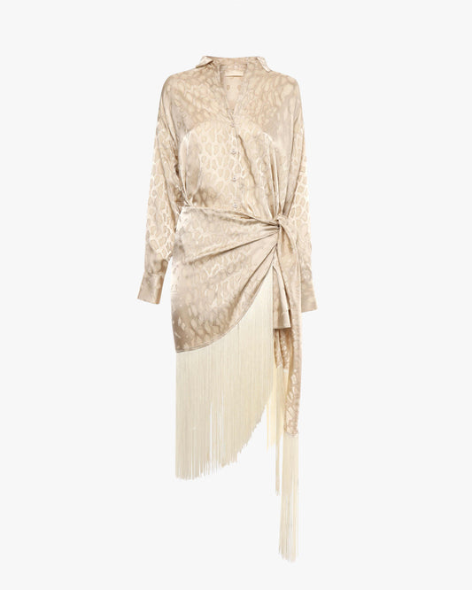 Abito chemisier midi in tessuto jacquard con frange sul fondo