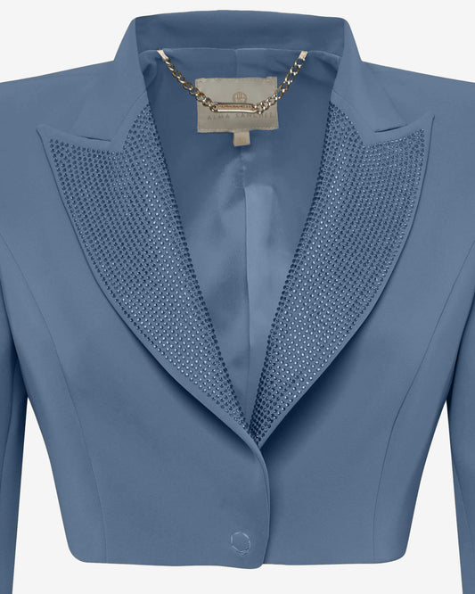 Giacca cropped in crêpe con revers in strass