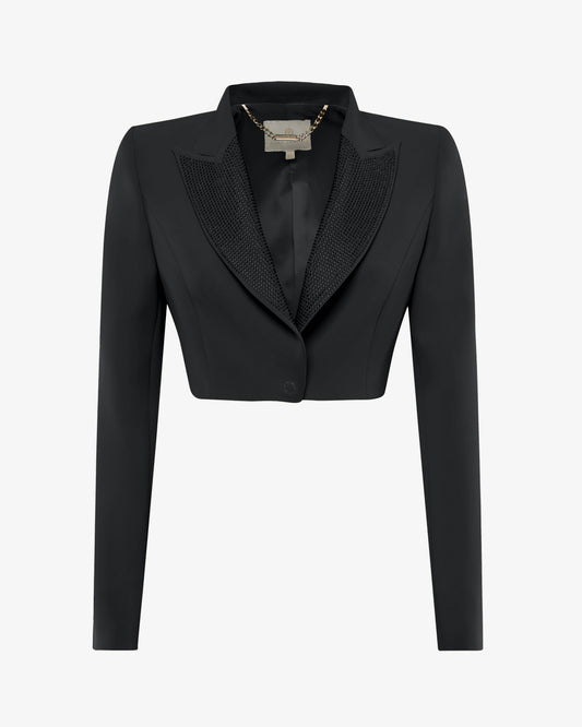 Giacca cropped in crêpe con revers in strass