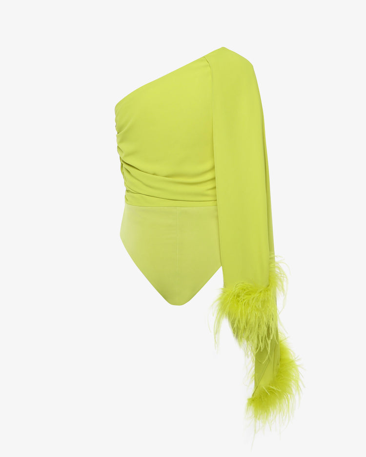 Body monospalla in georgette con piume