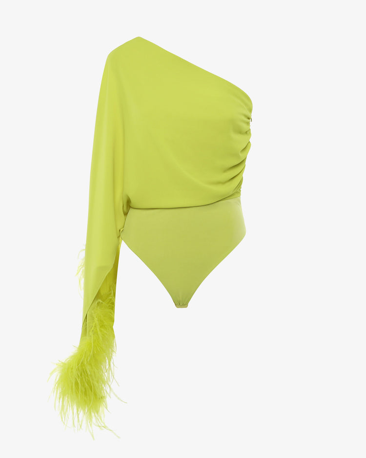 Body monospalla in georgette con piume