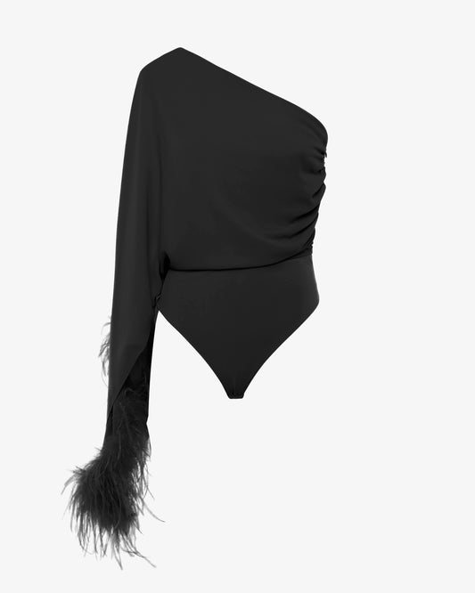 Body monospalla in georgette con piume