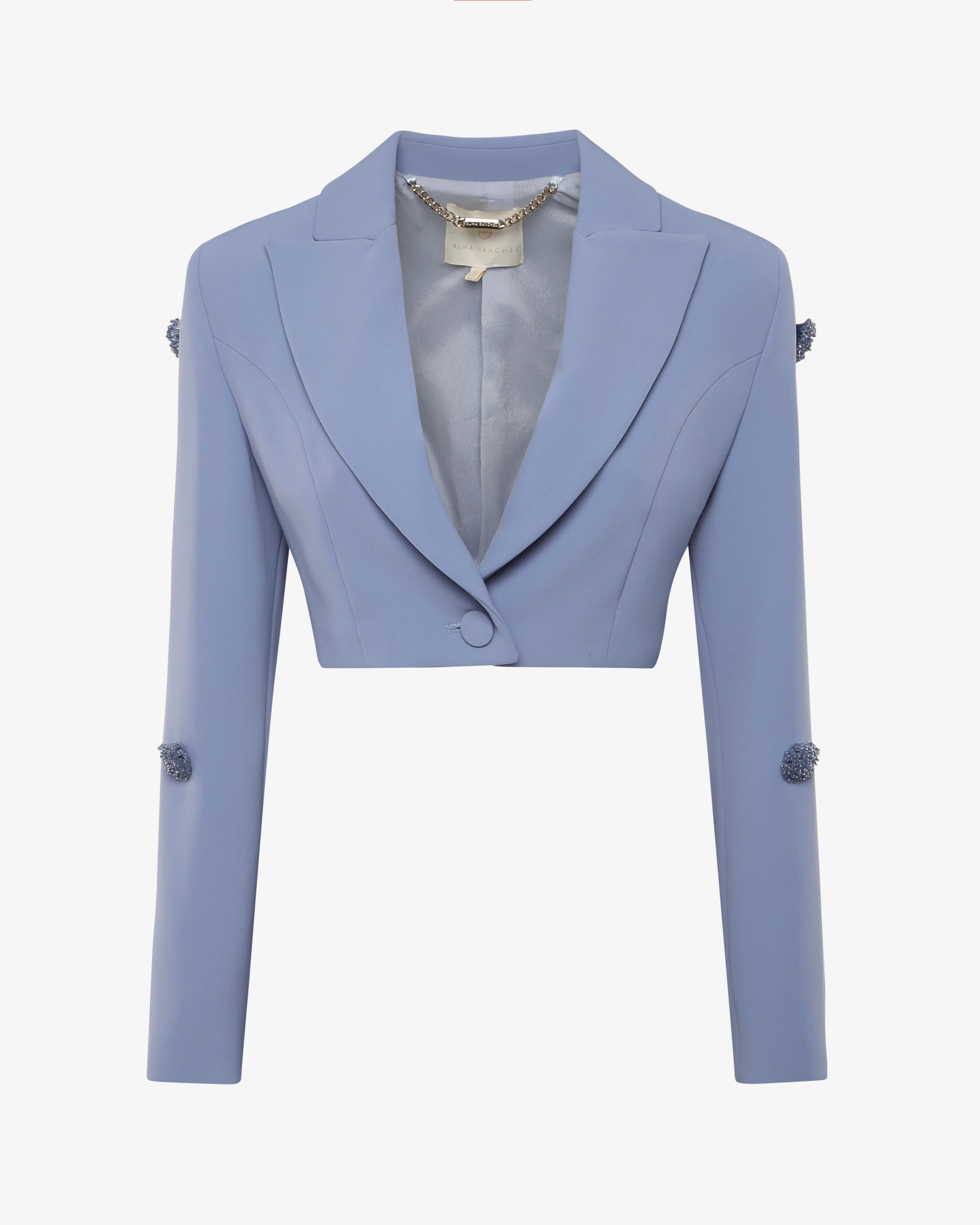 Giacca cropped in crêpe con applicazioni in vetro