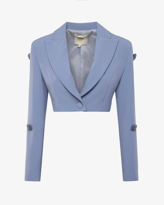Giacca cropped in crêpe con applicazioni in vetro