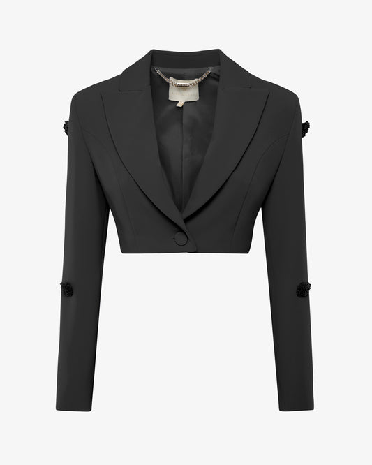 Giacca cropped in crêpe con applicazioni in vetro