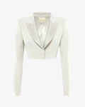 Giacca cropped in crêpe con revers in strass