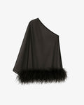 Abito lungo in jersey con coprispalle monospalla in chiffon e piume