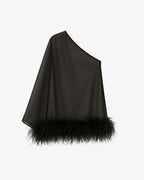 Abito lungo in jersey con coprispalle monospalla in chiffon e piume