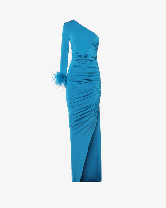Abito lungo monospalla in jersey e dettagli di piume