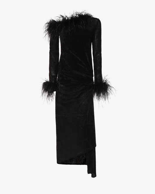 Abito midi asimmetrico con dettagli in piume