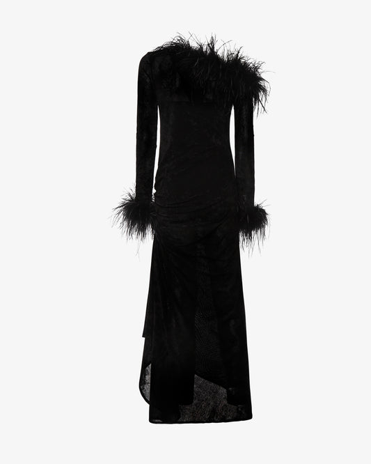 Abito midi asimmetrico con dettagli in piume