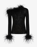 Top in rete con scollo asimmetrico e dettagli in piume