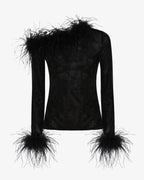 Top in rete con scollo asimmetrico e dettagli in piume