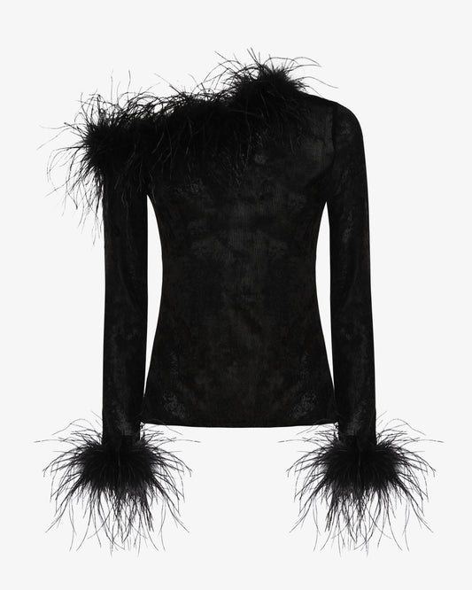 Top in rete con scollo asimmetrico e dettagli in piume