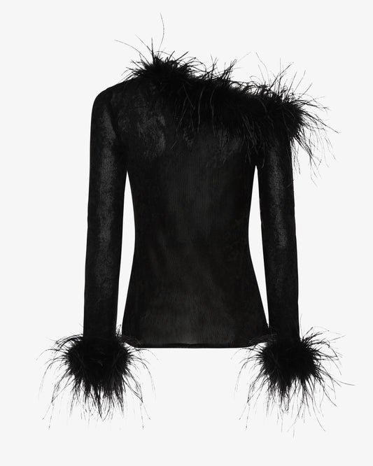 Top in rete con scollo asimmetrico e dettagli in piume