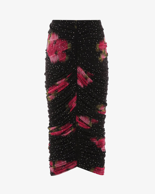 Gonna midi in rete stampata con strass e drappeggi