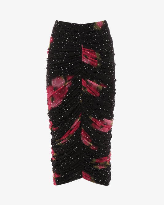 Gonna midi in rete stampata con strass e drappeggi