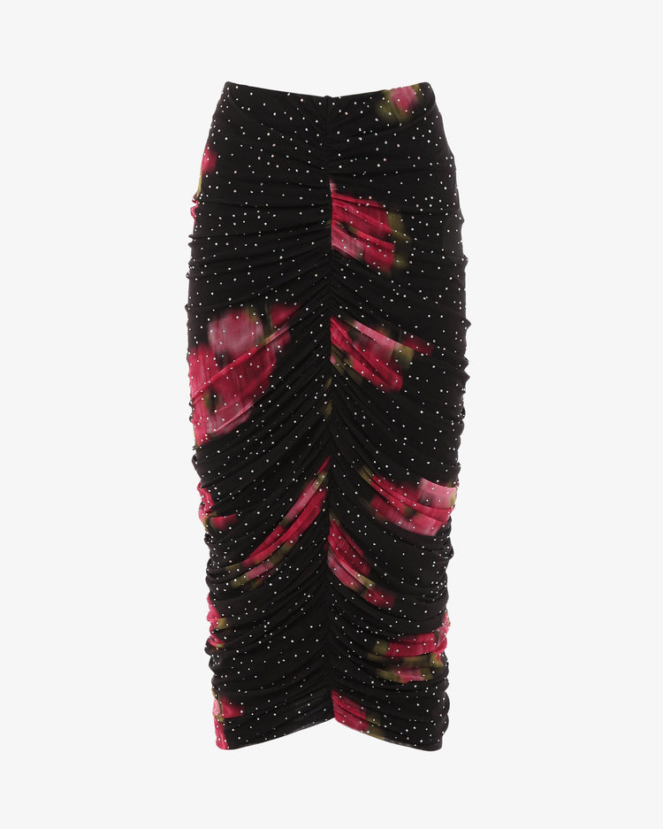 Gonna midi in rete stampata con strass e drappeggi