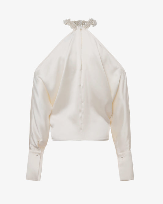 Blusa in satin con dettaglio gioiello e spalle scoperte