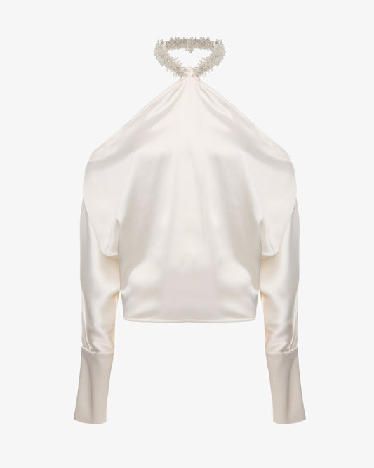 Blusa in satin con dettaglio gioiello e spalle scoperte