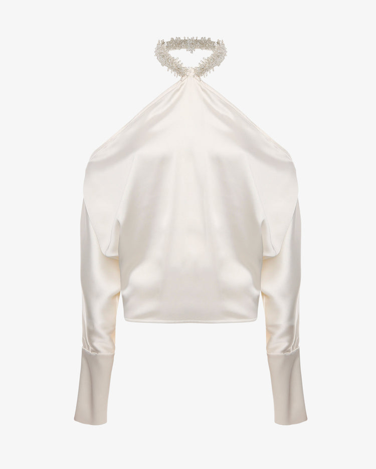Blusa in satin con dettaglio gioiello e spalle scoperte