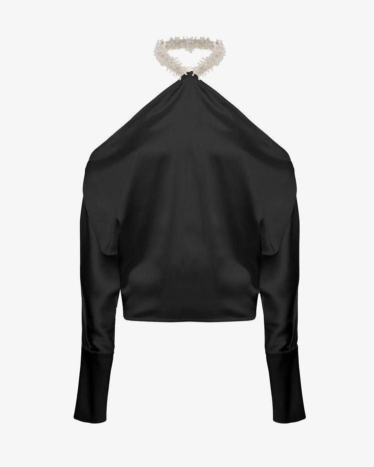 Blusa in satin con dettaglio gioiello e spalle scoperte