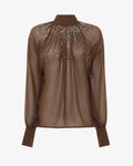 Blusa in georgette collo alto con applicazioni in strass