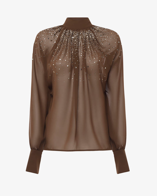 Blusa in georgette collo alto con applicazioni in strass